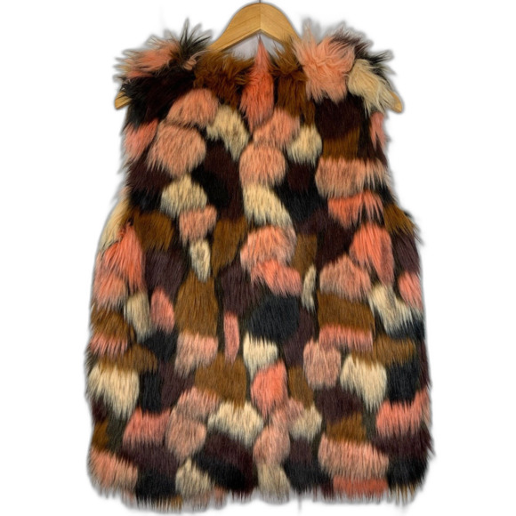 Cara Faux Fur Vest Large Multicolor Patchwork Y2K Mob Wife Maximalist Statement - Picture 2 of 11